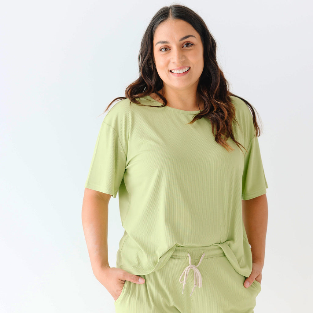 Tarragon Green Small Ribbed Women's Short Sleeve Top
