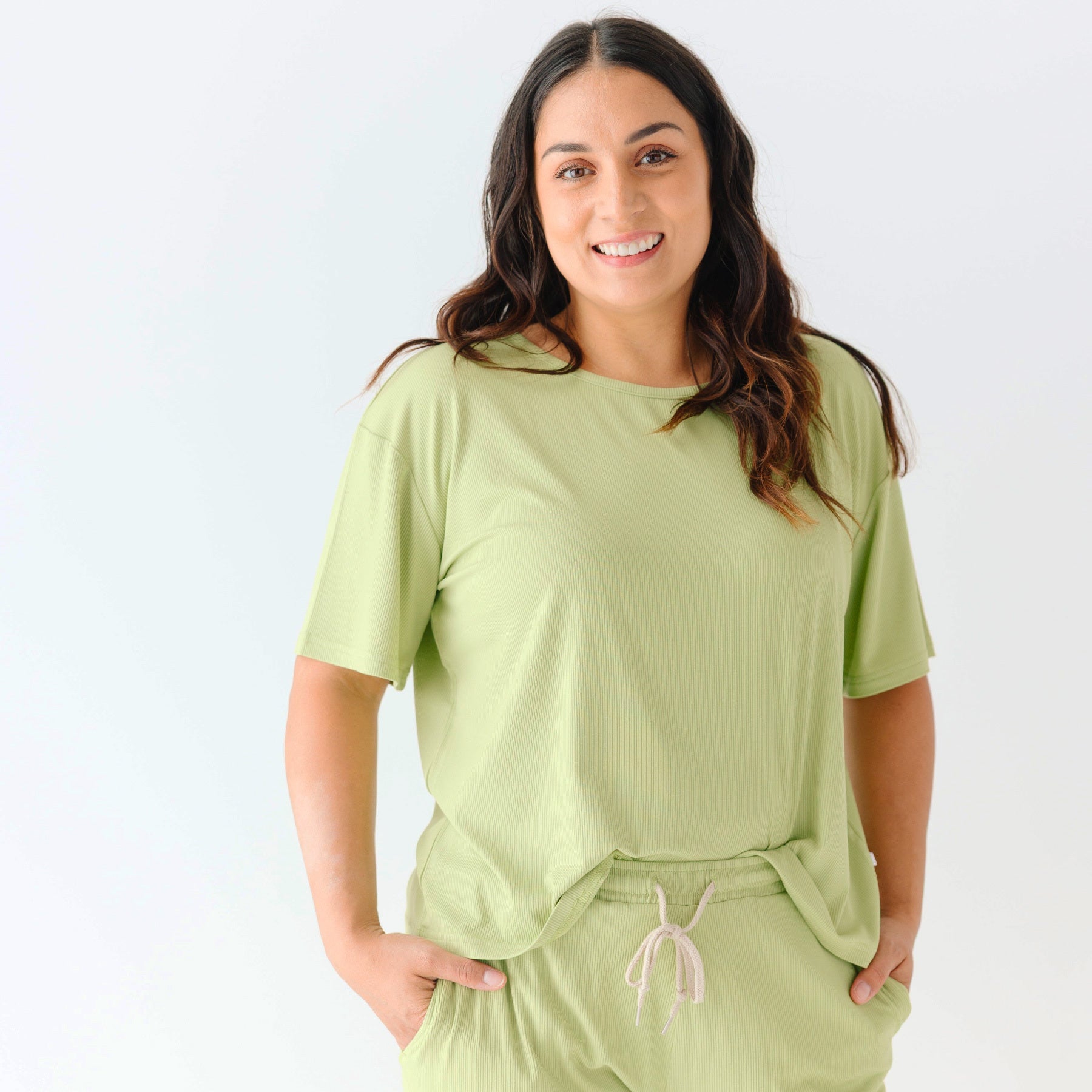 Tarragon Green Small Ribbed Women's Short Sleeve & Pants Matching Set