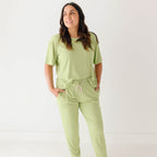 Tarragon Green Small Ribbed Women's Short Sleeve Top