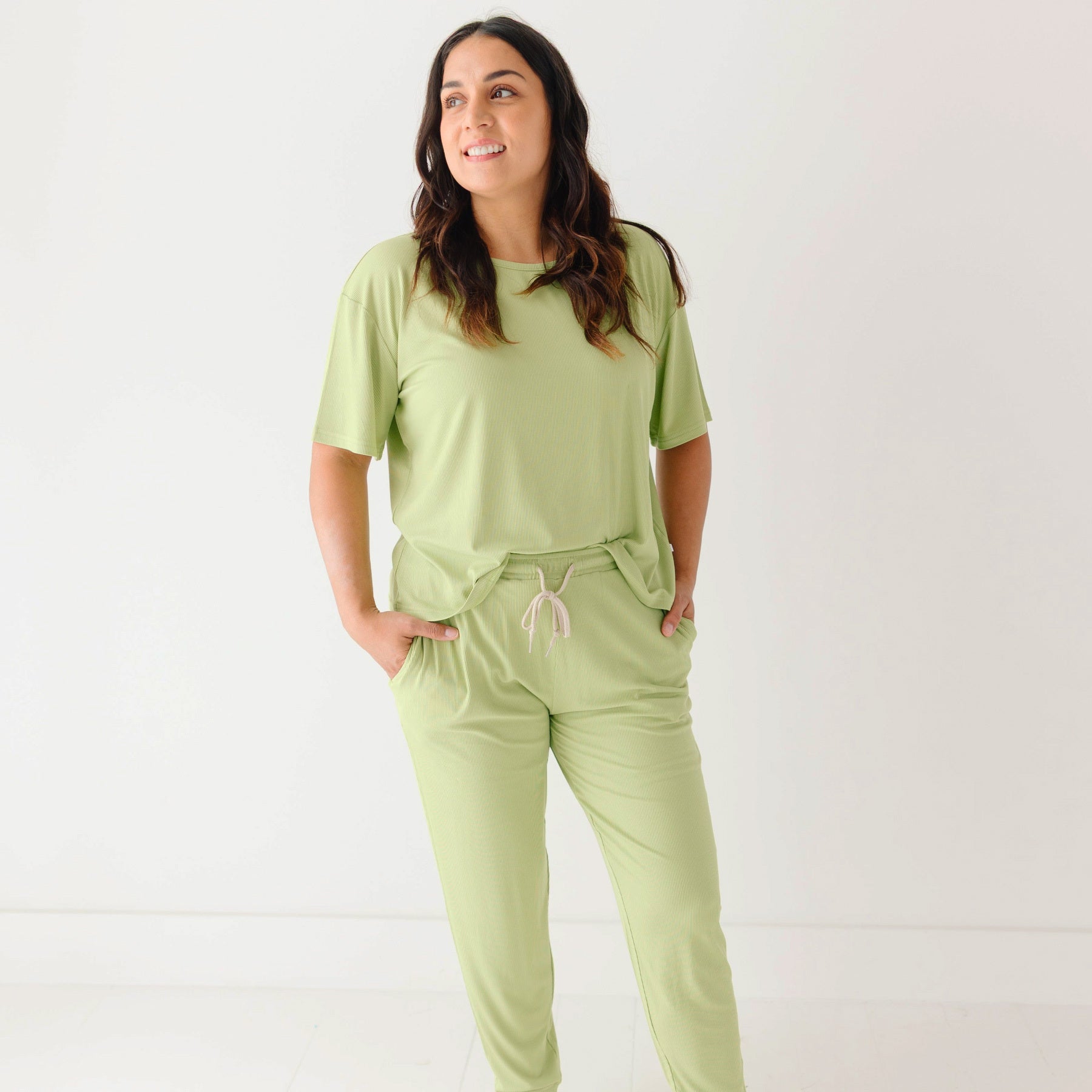 Tarragon Green Small Ribbed Women's Short Sleeve Top