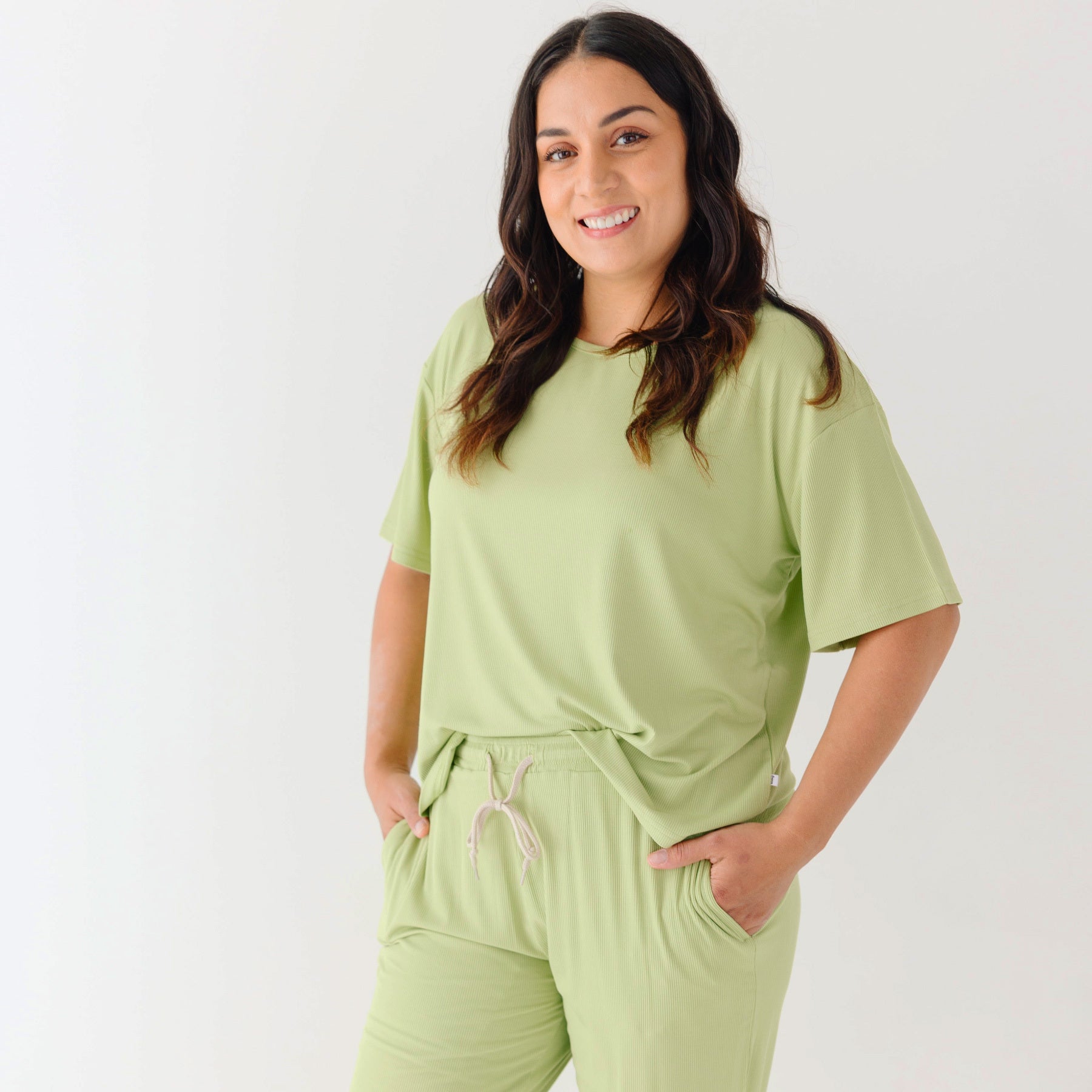 Tarragon Green Small Ribbed Women's Short Sleeve Top