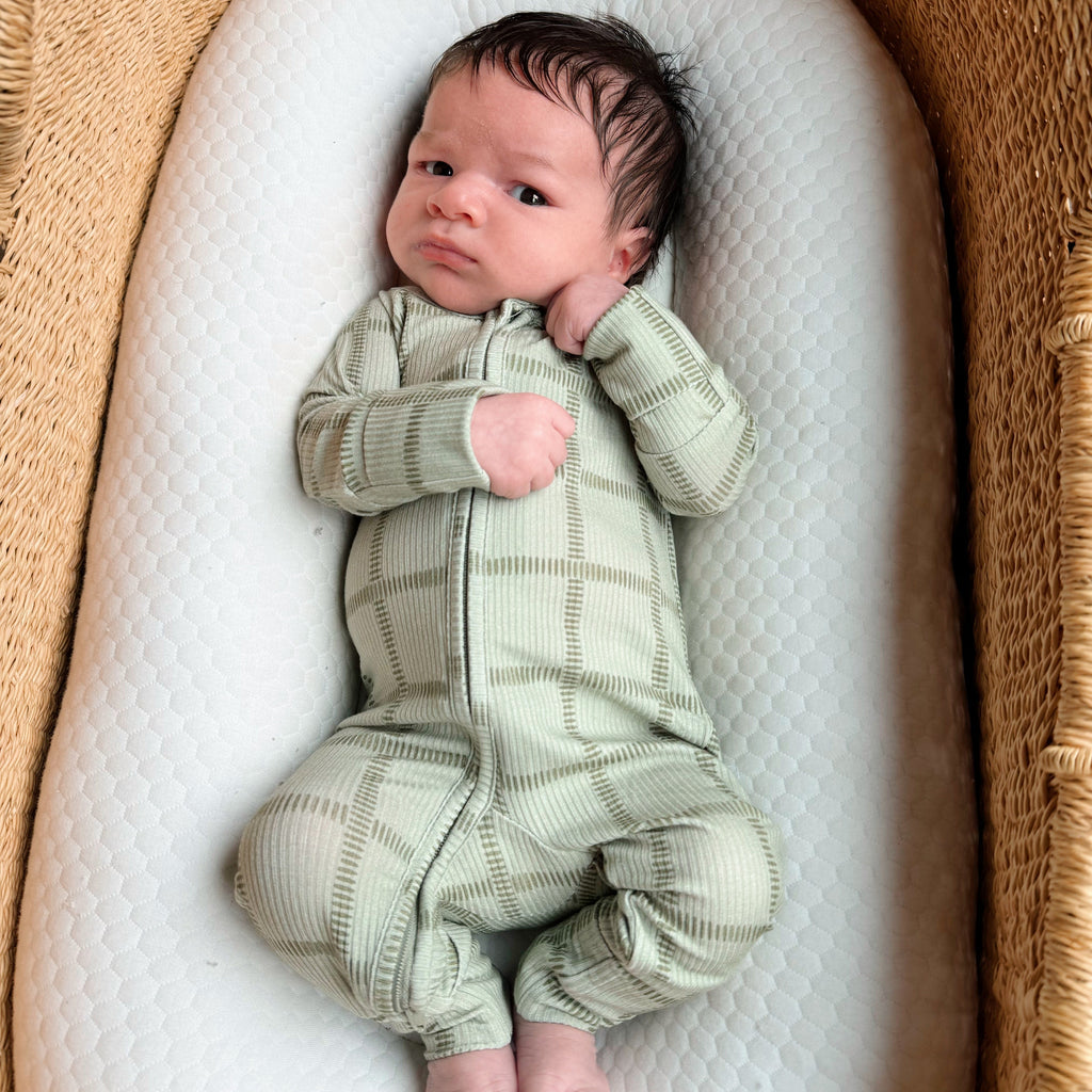 Grid Sage Green Small Ribbed Zip Romper