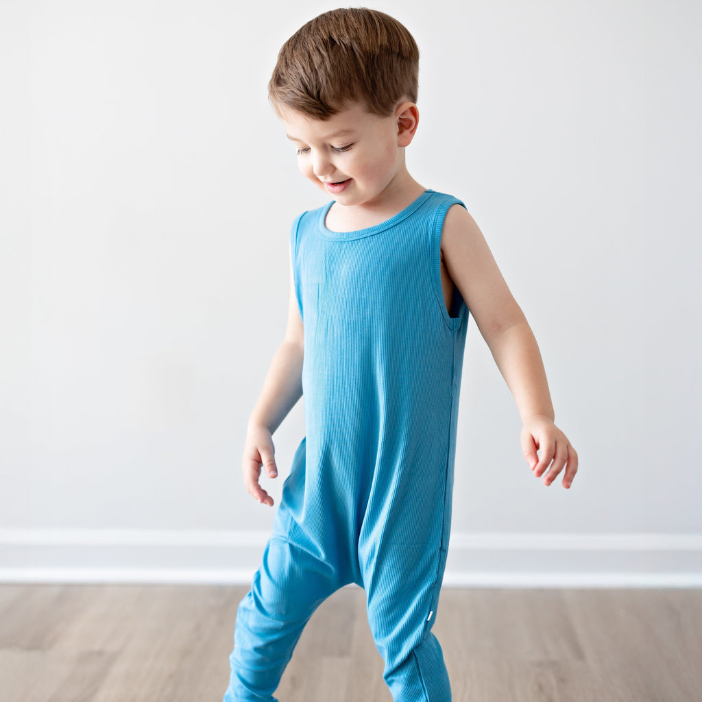 Poolside Blue Small Ribbed Harem Romper