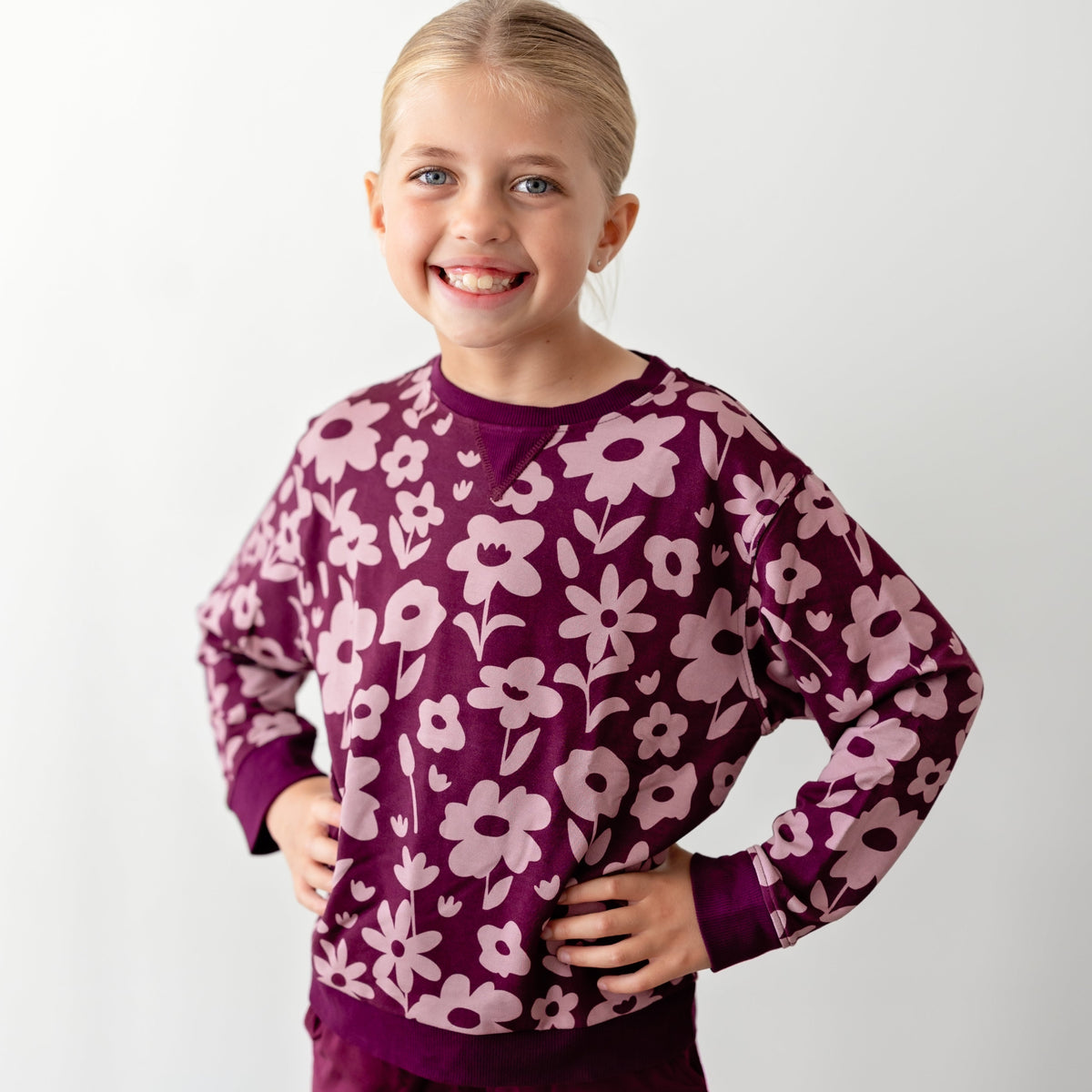 Deep Plum Floral Bamboo French Terry Pullover & Jogger Set