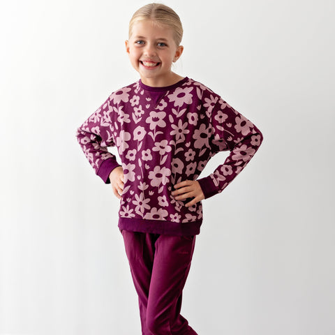 Deep Plum Floral Bamboo French Terry Pullover & Jogger Set