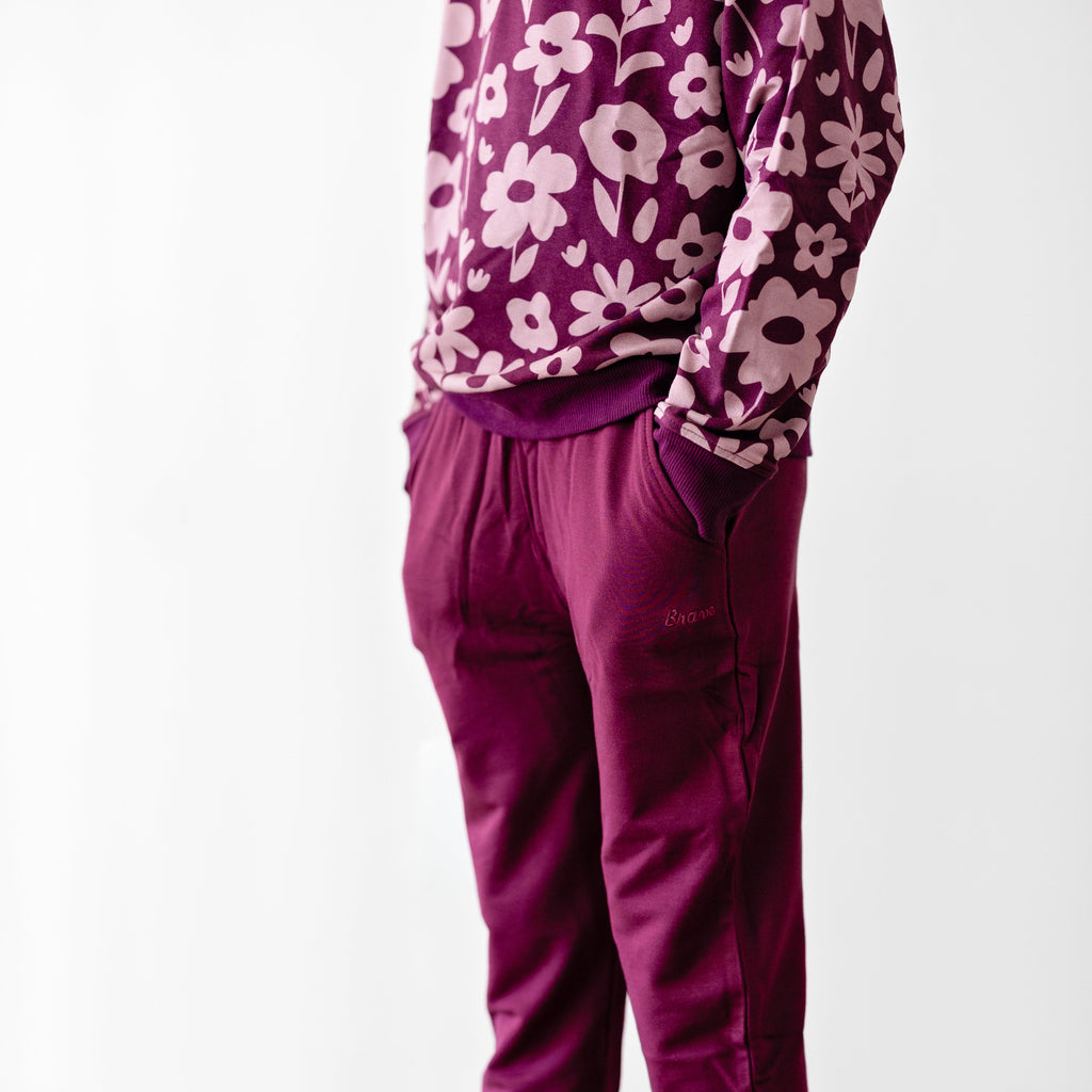 Deep Plum Floral Bamboo French Terry Pullover & Jogger Set