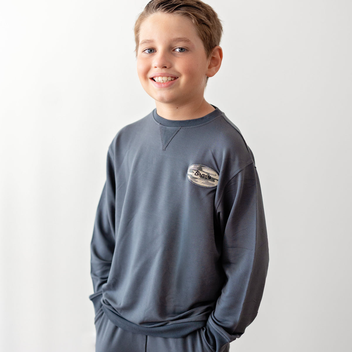 Midnight Charcoal With Camo Patch Bamboo French Terry Pullover