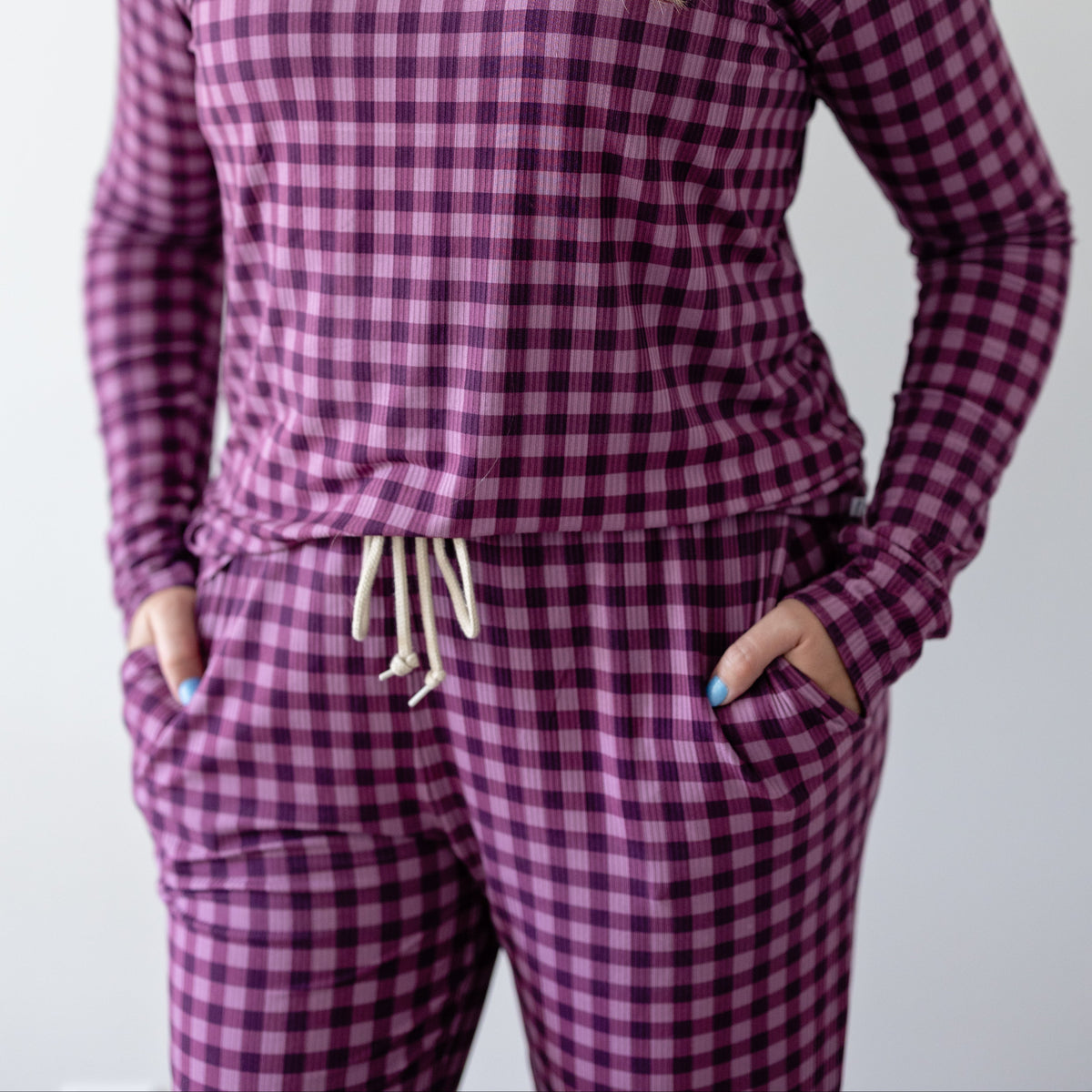 Plum Gingham Small Ribbed Women's Matching Set