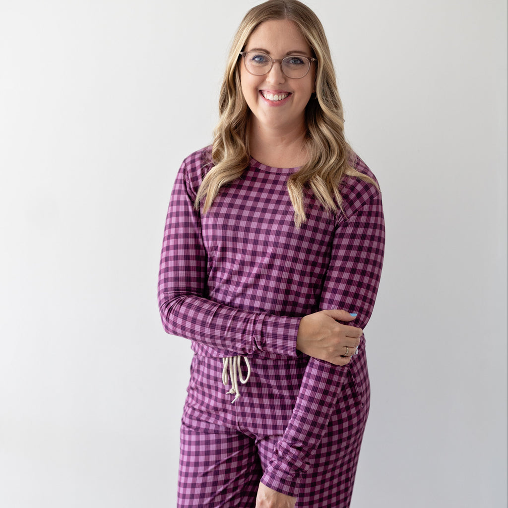 Plum Gingham Small Ribbed Women's Matching Set