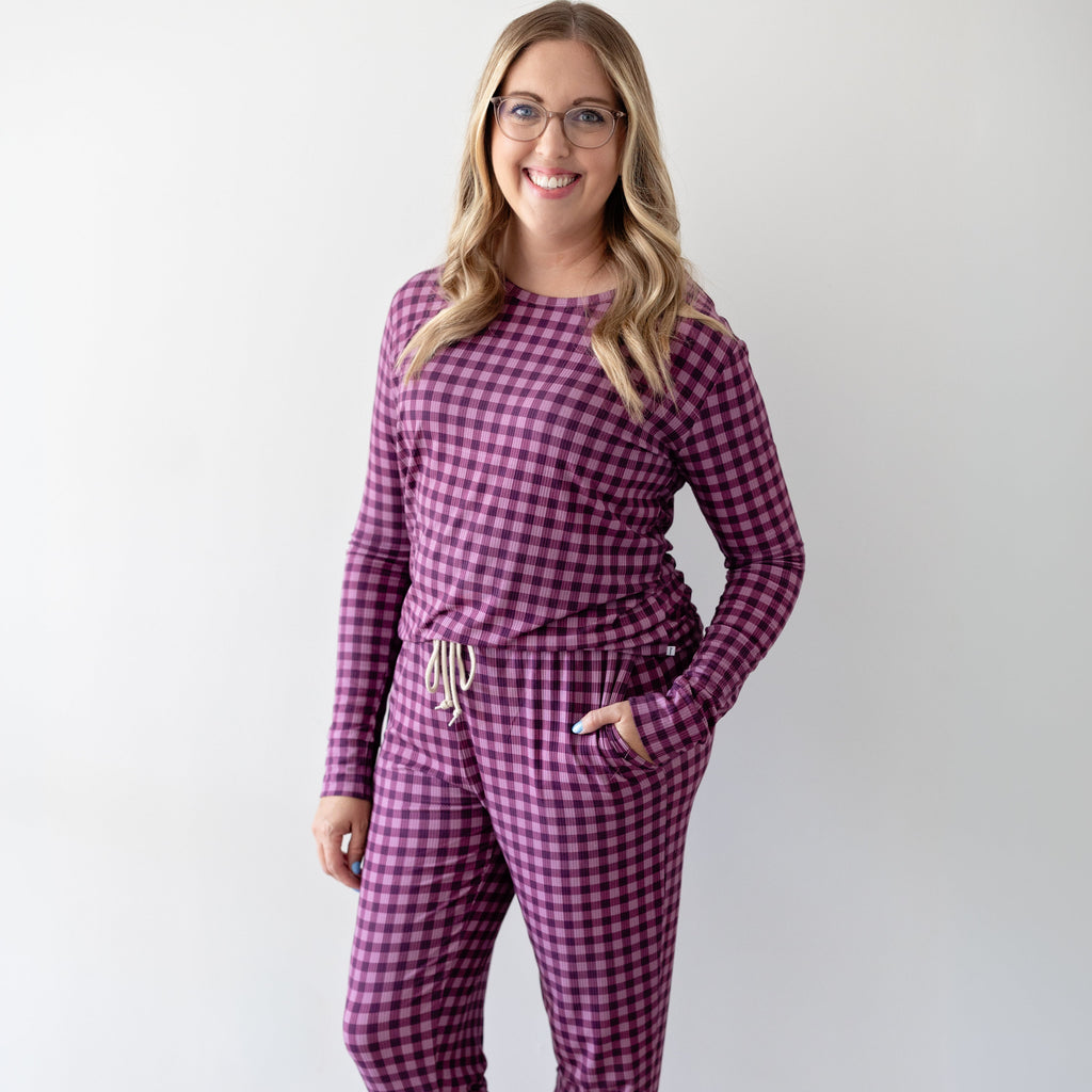 Plum Gingham Small Ribbed Women's Matching Set