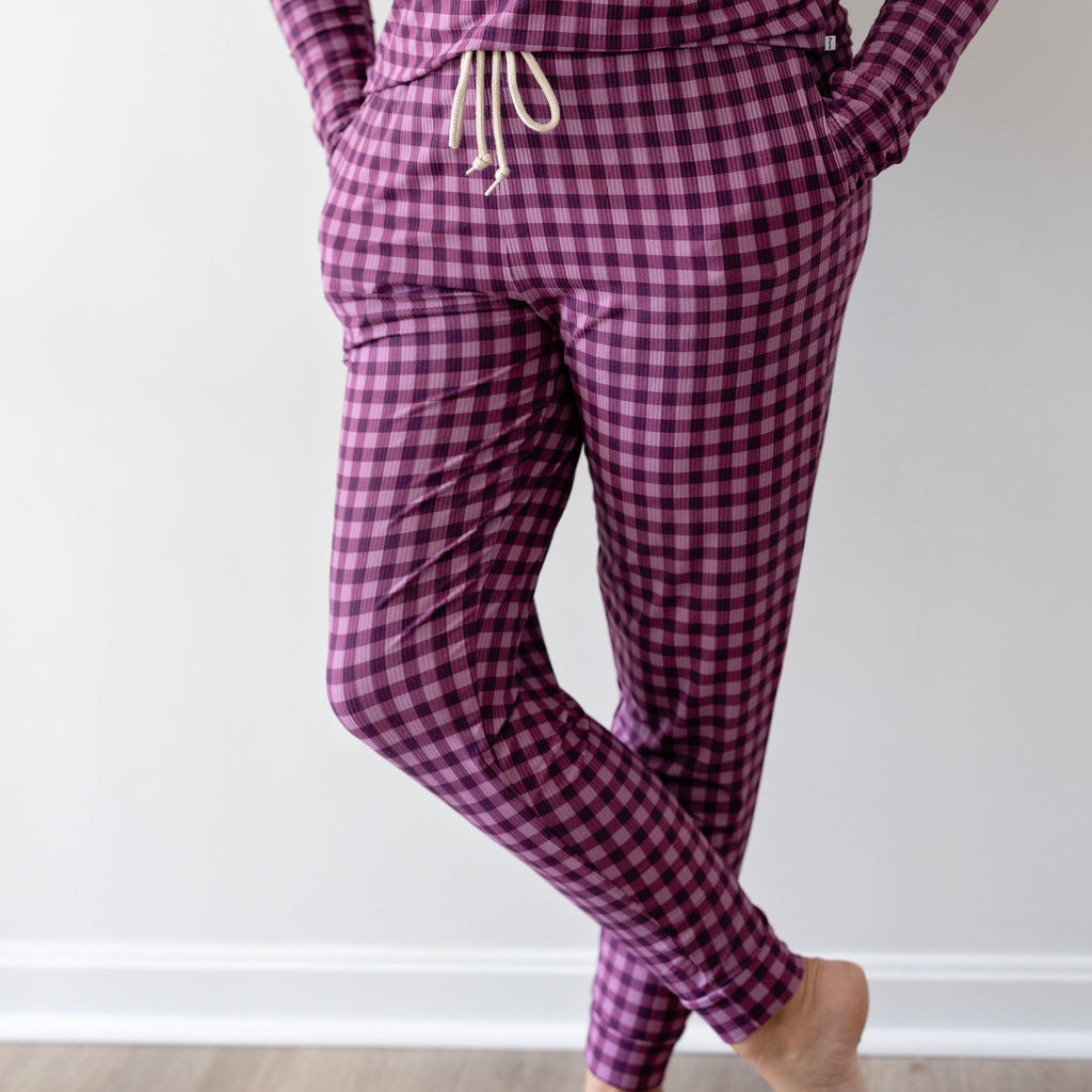 Plum Gingham Small Ribbed Women's Matching Set