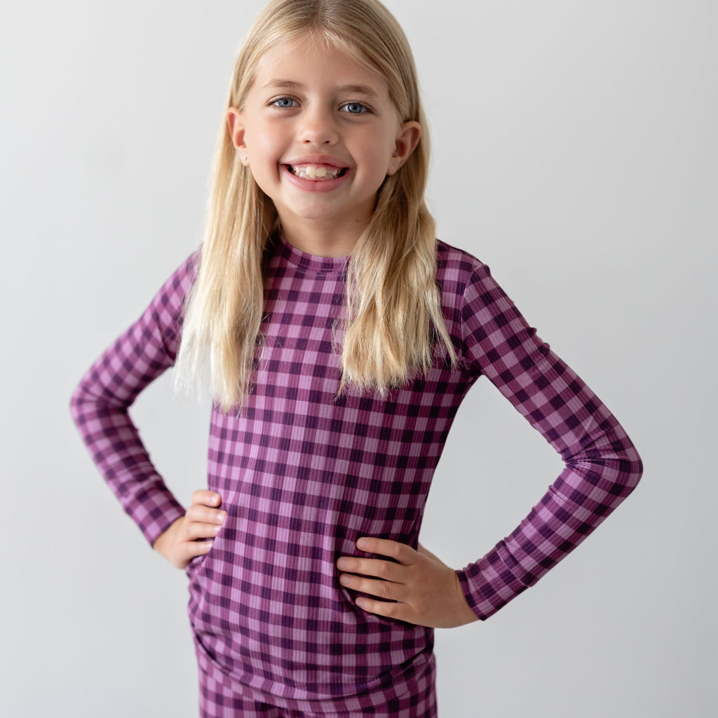 Plum Gingham Small Ribbed Two-Piece Set