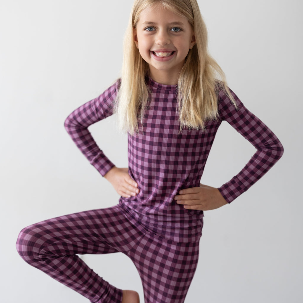 Plum Gingham Small Ribbed Two-Piece Set