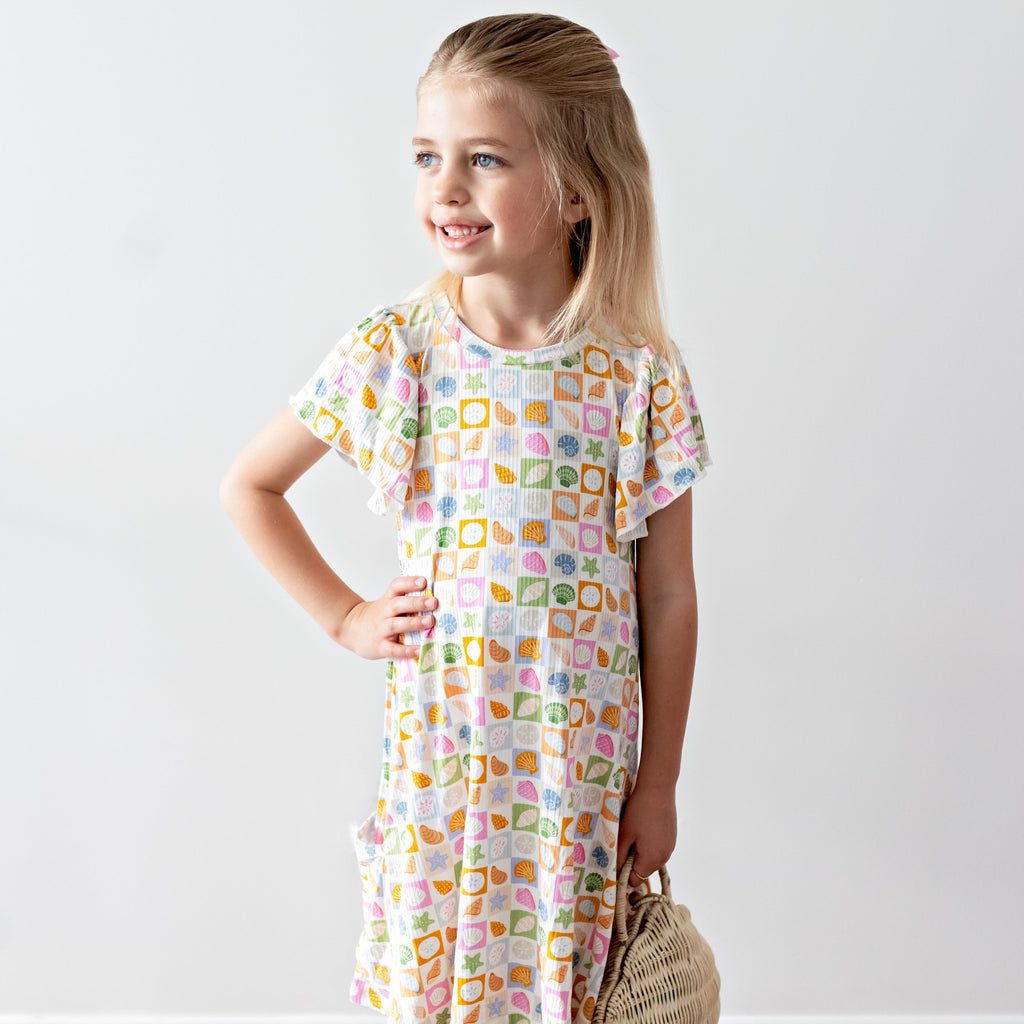 Checkered Seashells Small Ribbed Pocket Dress