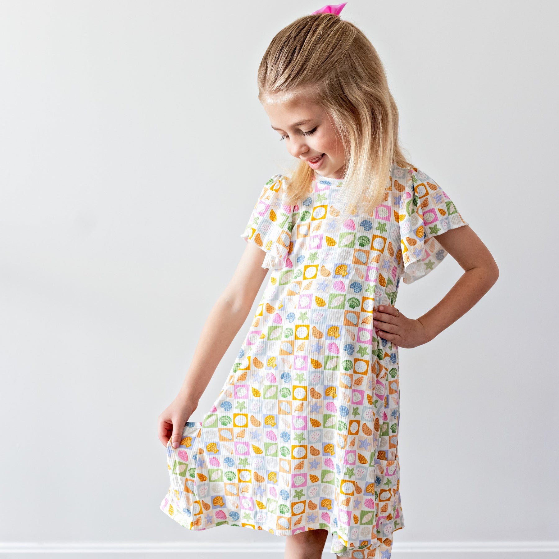 Checkered Seashells Small Ribbed Pocket Dress