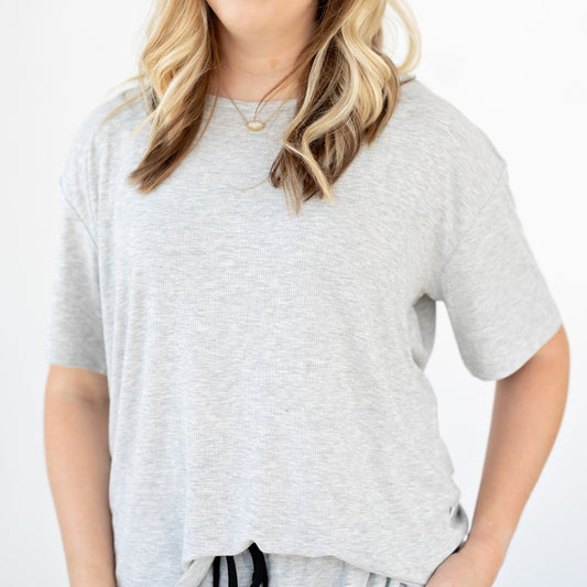 Heather Gray Small Ribbed Women's Short Sleeve Top