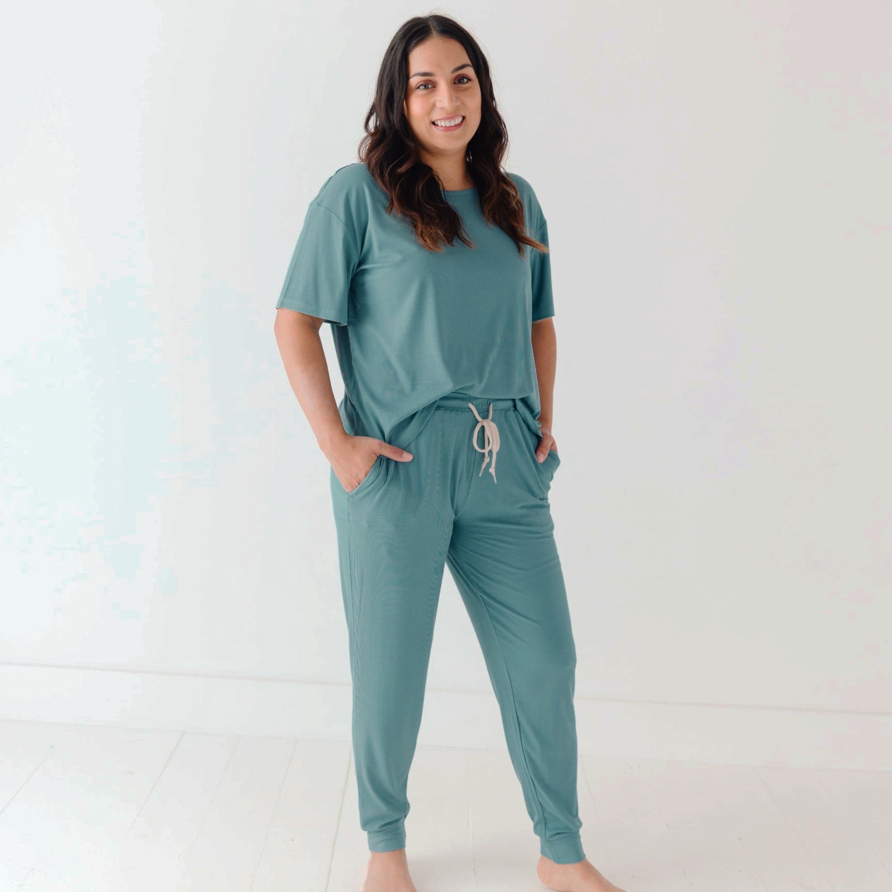 Glacier Blue Small Ribbed Women's Short Sleeve & Pants Matching Set