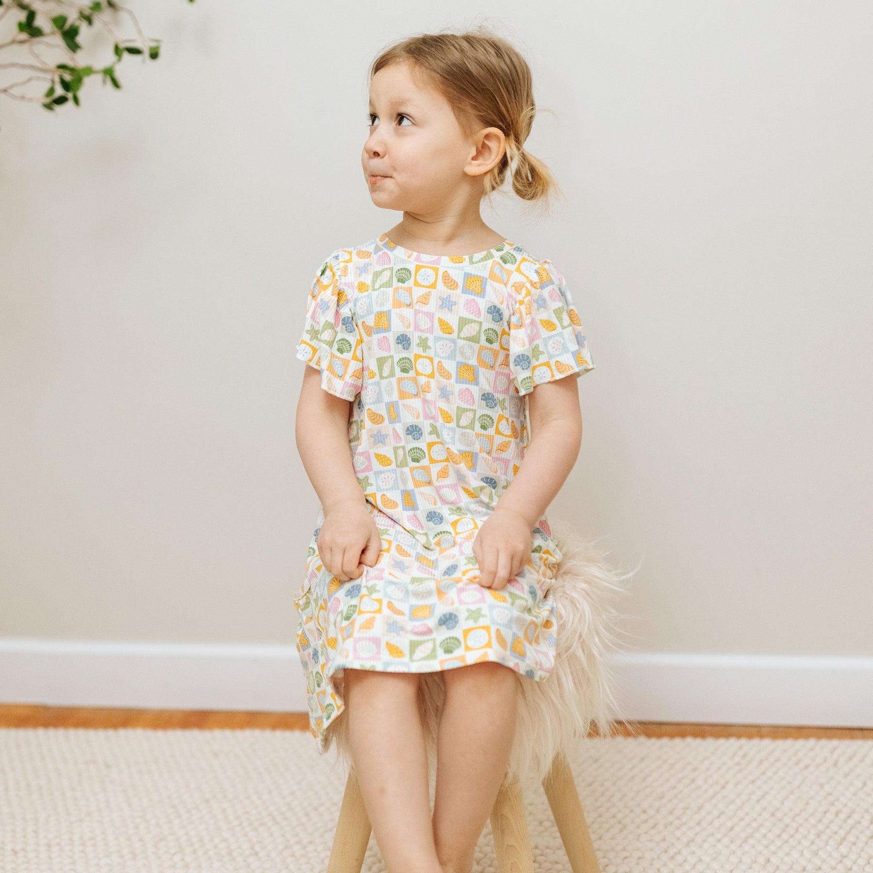 Checkered Seashells Small Ribbed Pocket Dress