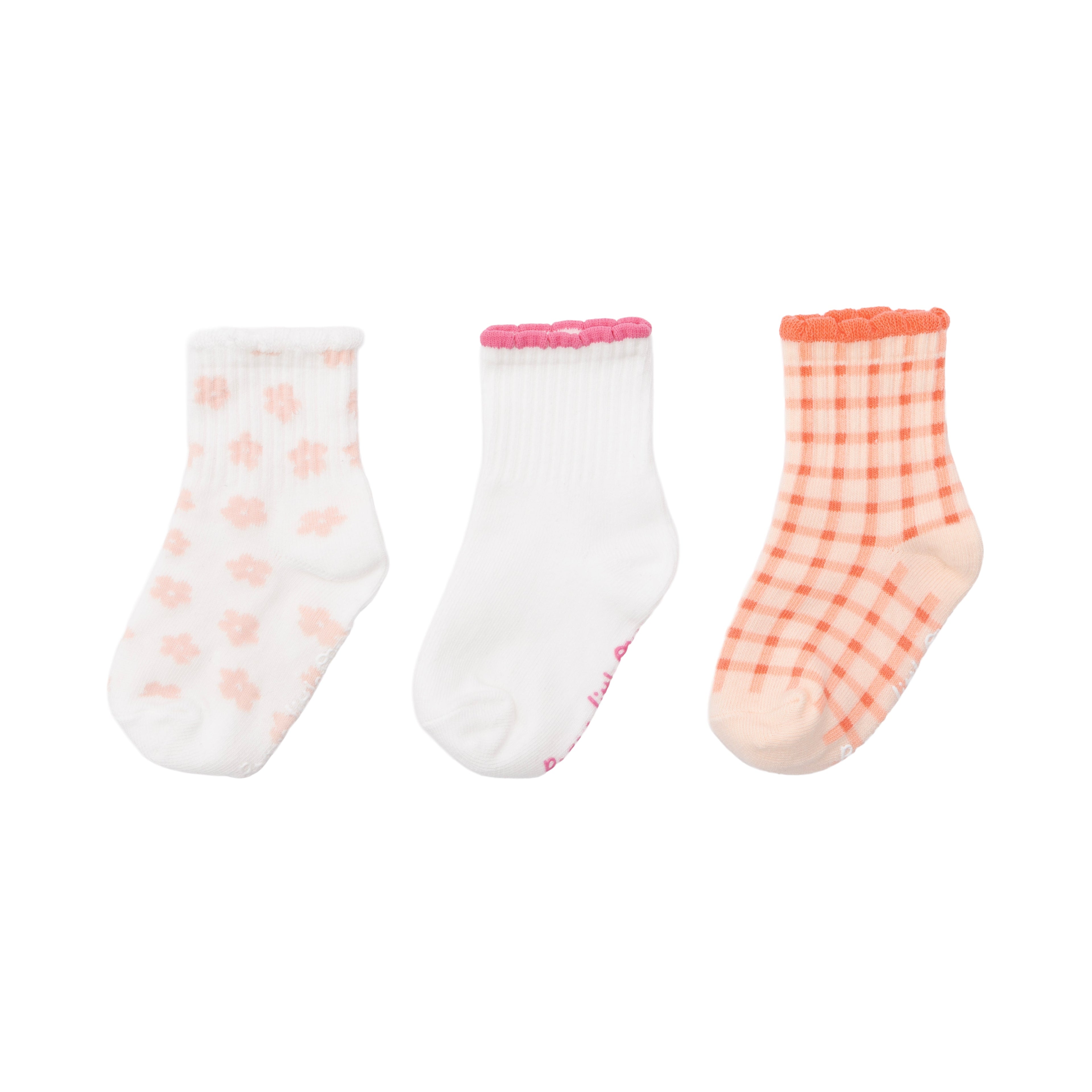 Gingham & Pink Daisies Ruffle Socks 3 Pack