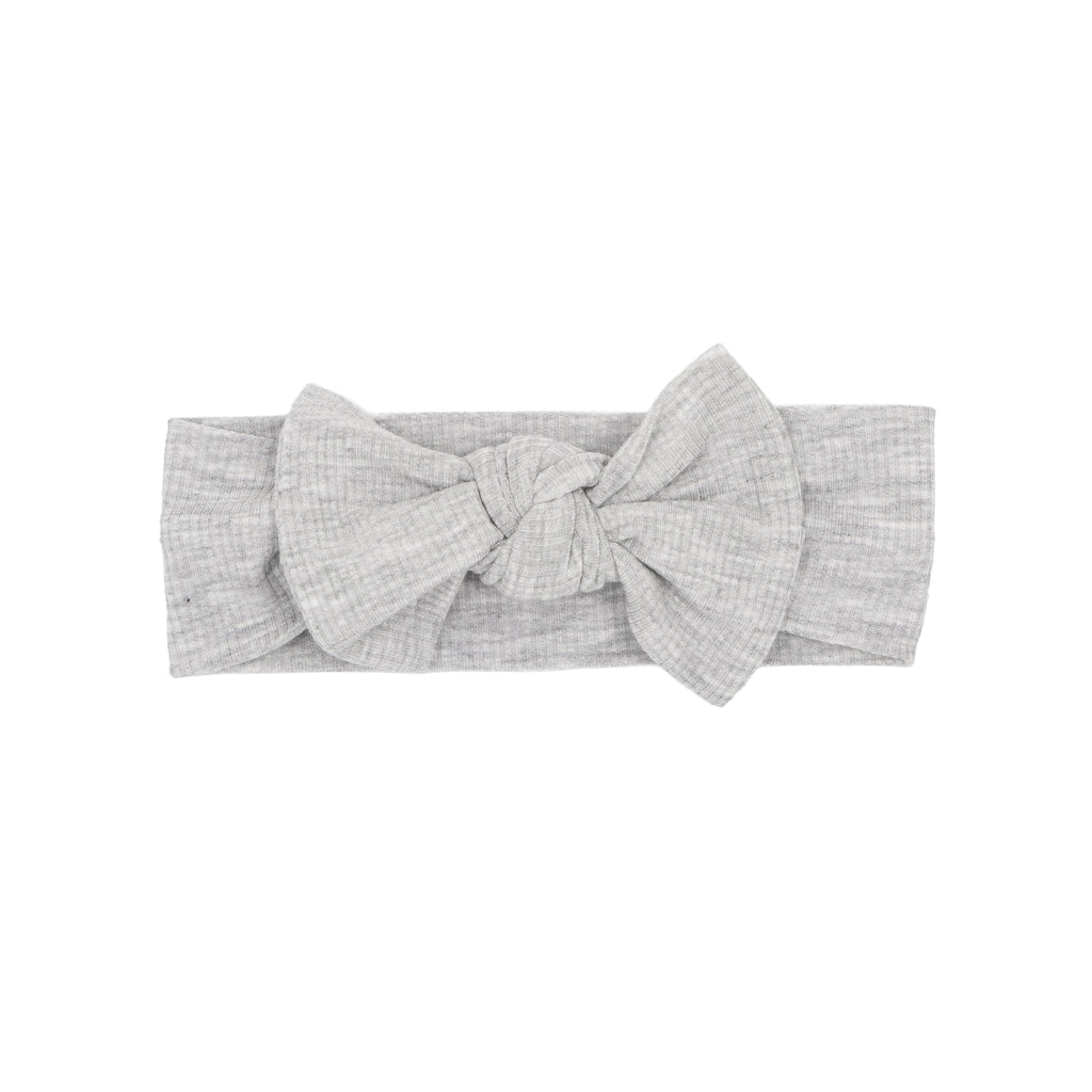 Gray heathered headband with a large bow on a white background