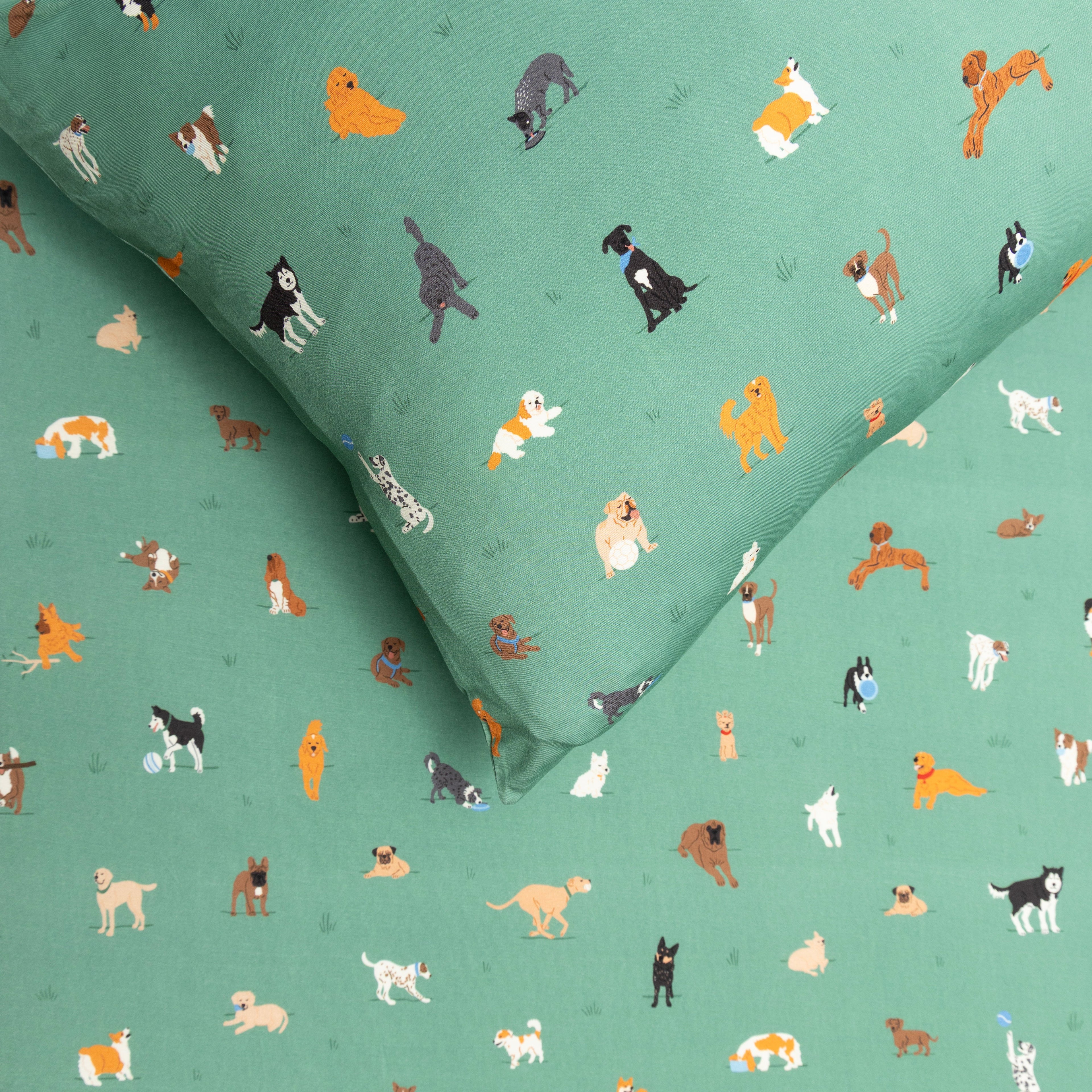 Dogs Green Twin Sheet With Pillow Case