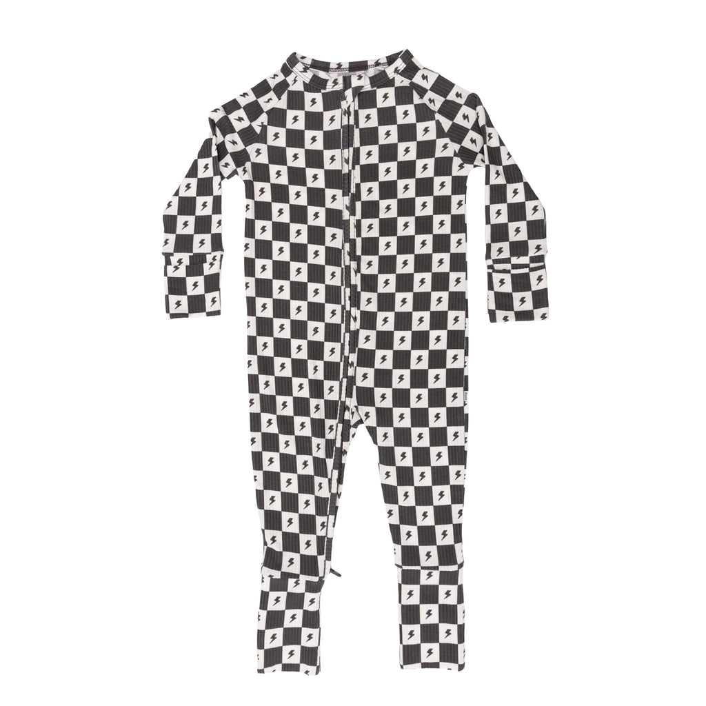 Checkered Lightning Bolt Small Ribbed Zip Romper