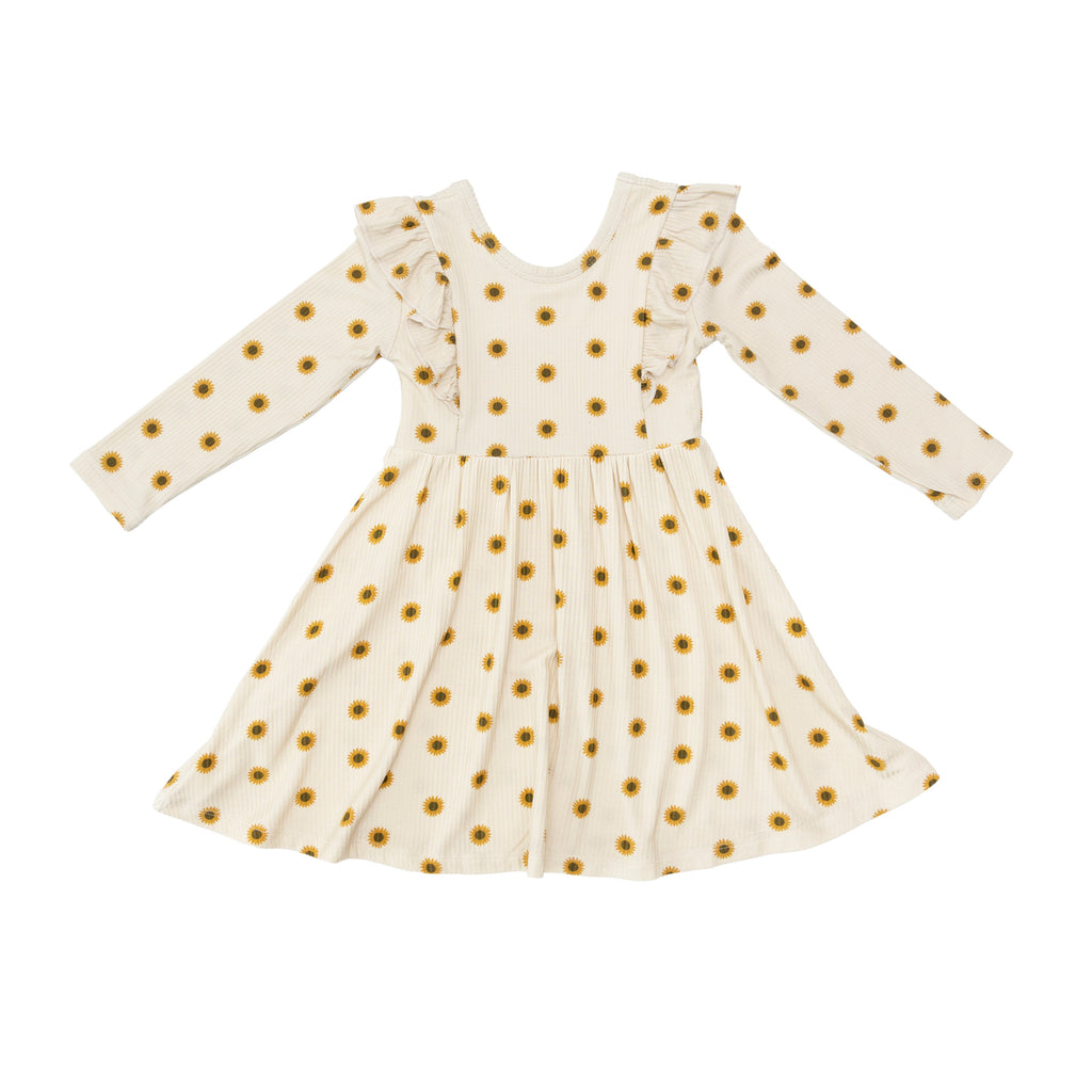 Sunflowers Small Ribbed Ruffle Long Sleeve Dress