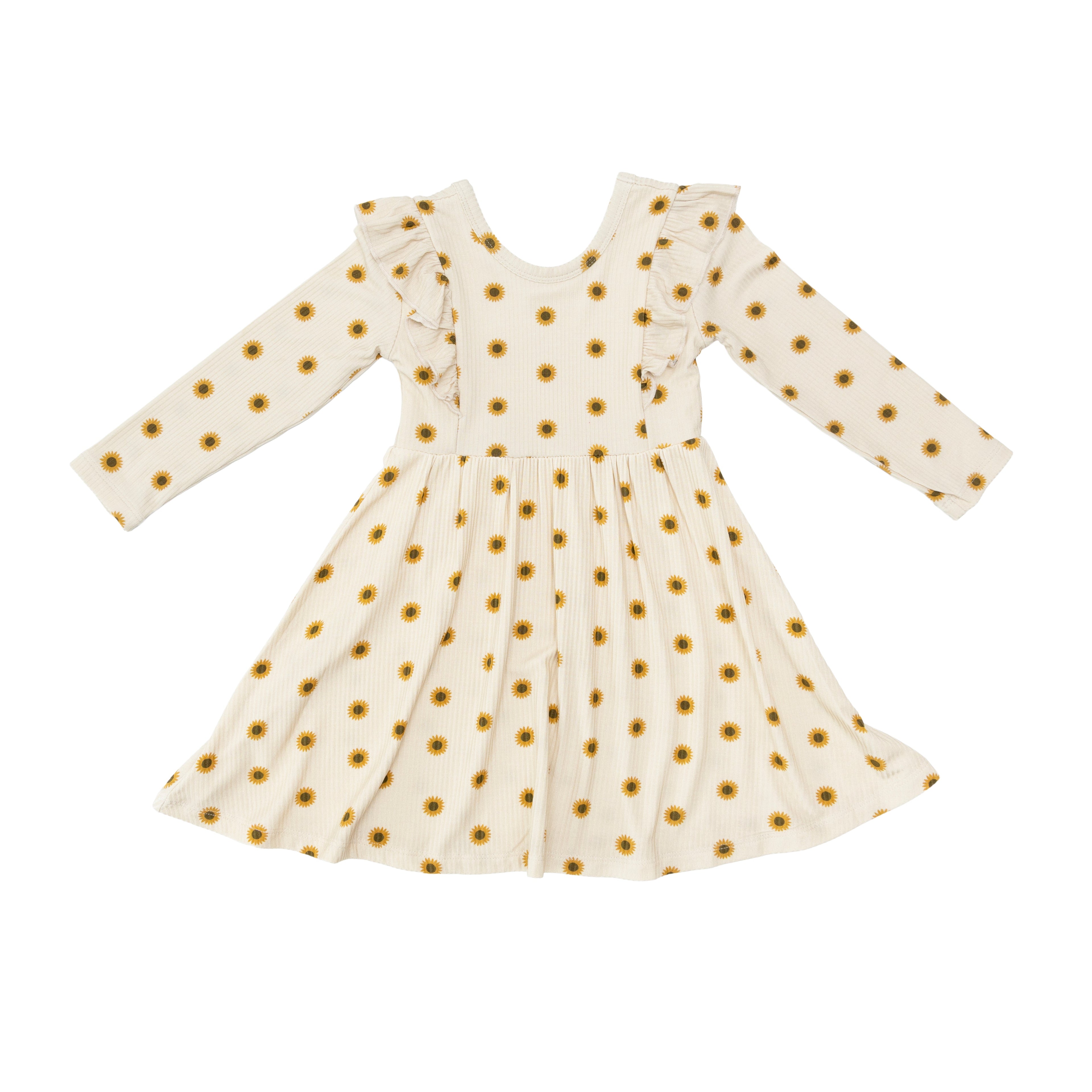Sunflowers Small Ribbed Ruffle Long Sleeve Dress