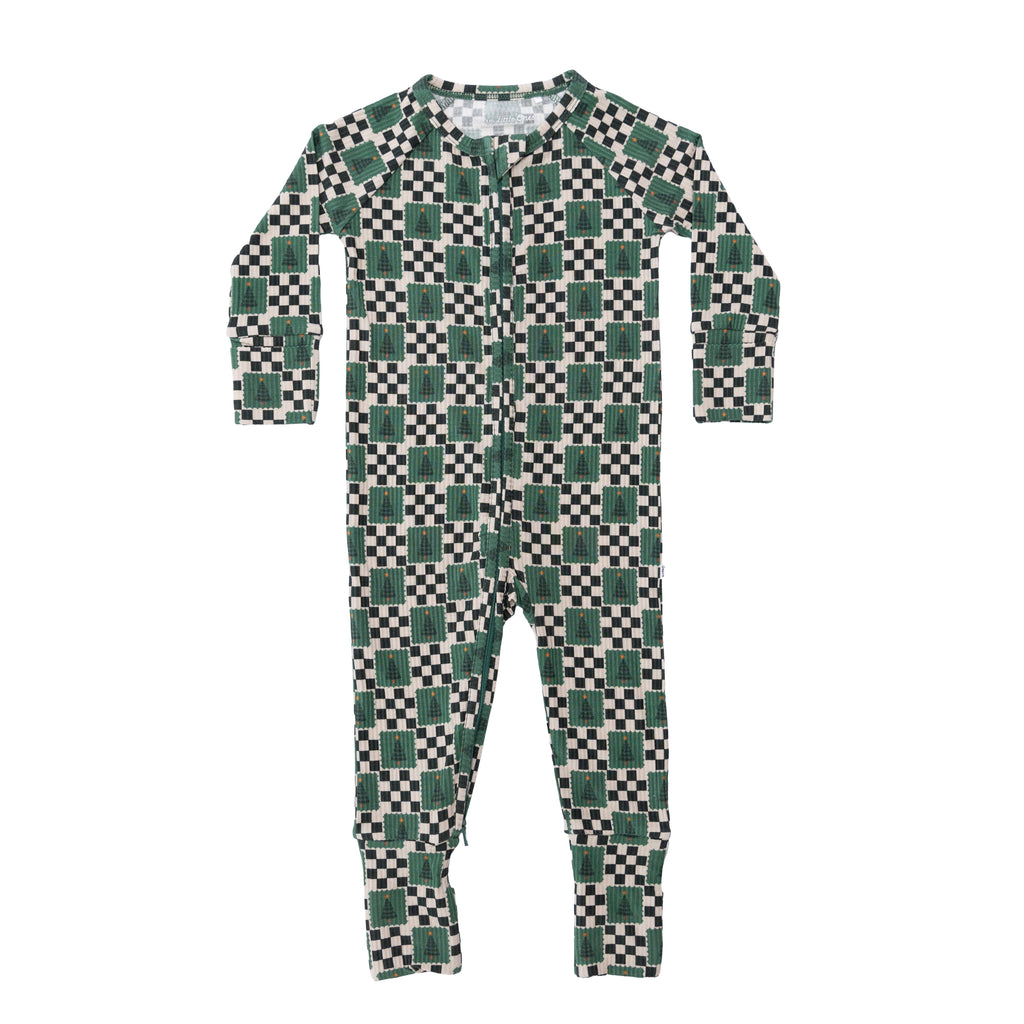 Checkered Christmas Trees Small Ribbed Zip Romper