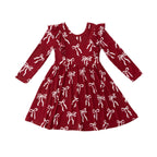 Coquette Bows Red Small Ribbed Ruffle Long Sleeve Dress
