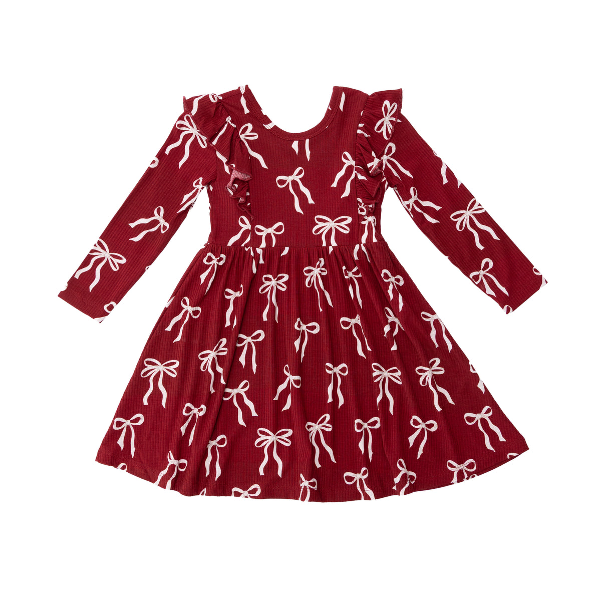 Coquette Bows Red Small Ribbed Ruffle Long Sleeve Dress