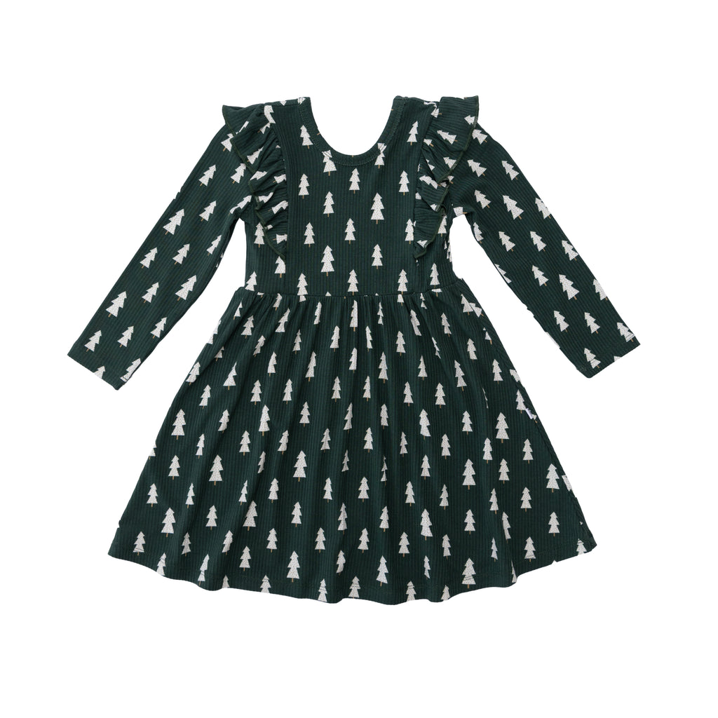 Christmas Trees Small Ribbed Ruffle Long Sleeve Dress