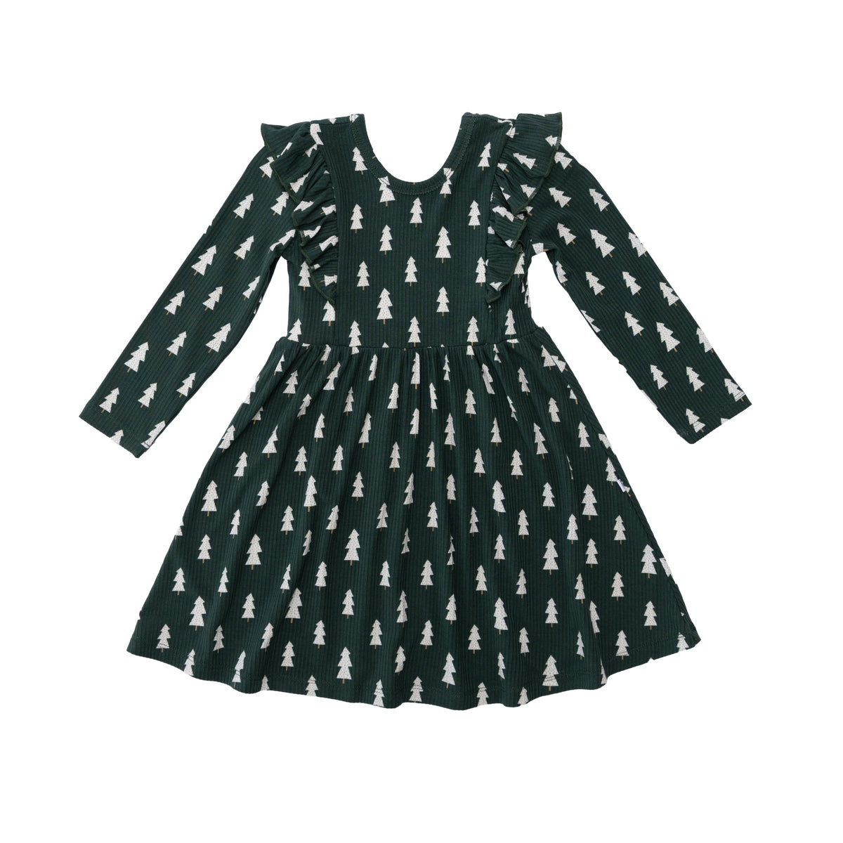 Christmas Trees Small Ribbed Ruffle Long Sleeve Dress