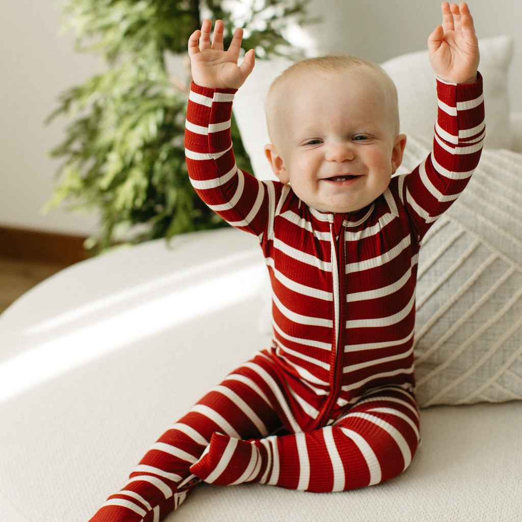 Red Wide Stripe Small Ribbed Zip Romper