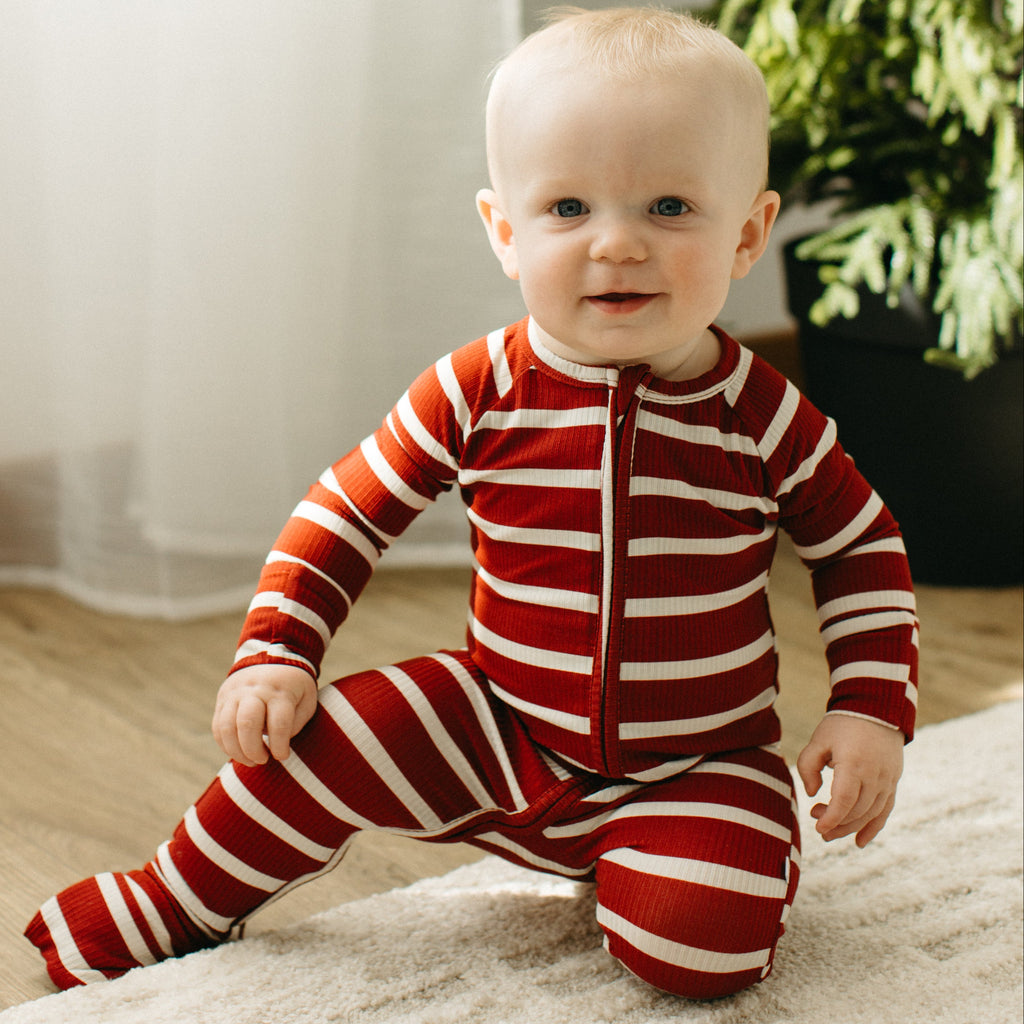 Red Wide Stripe Small Ribbed Zip Romper