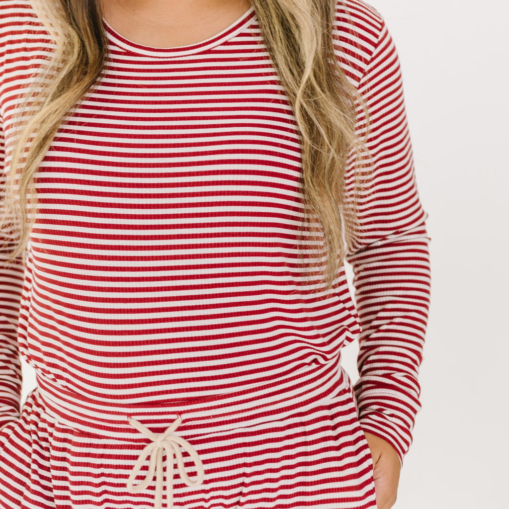 Red Stripe Small Ribbed Women's Long Sleeve Top