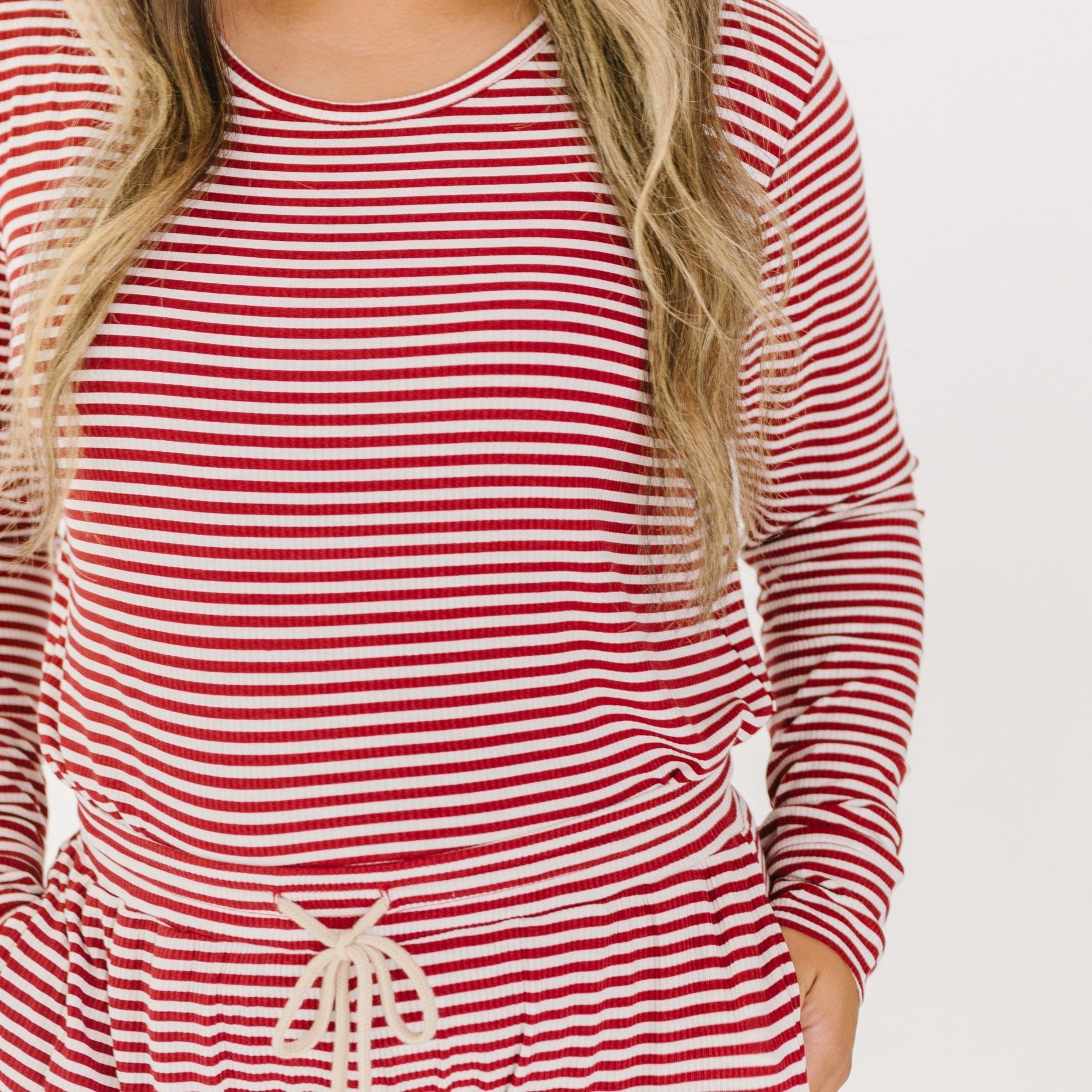 Red Stripe Small Ribbed Women's Long Sleeve Top