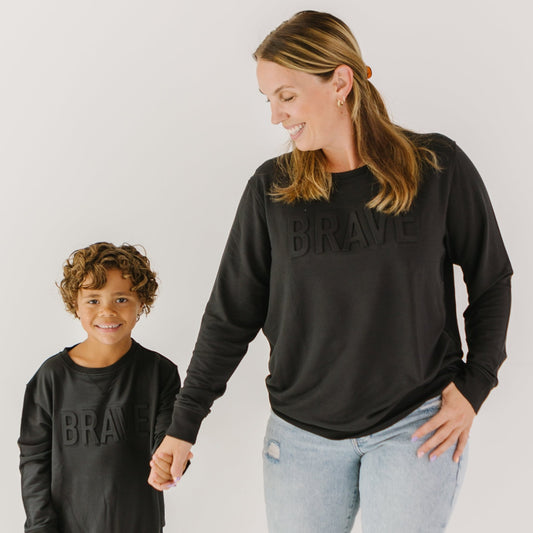 Jet Black with Embossed Brave Mommy & Me Matching Pullover Set