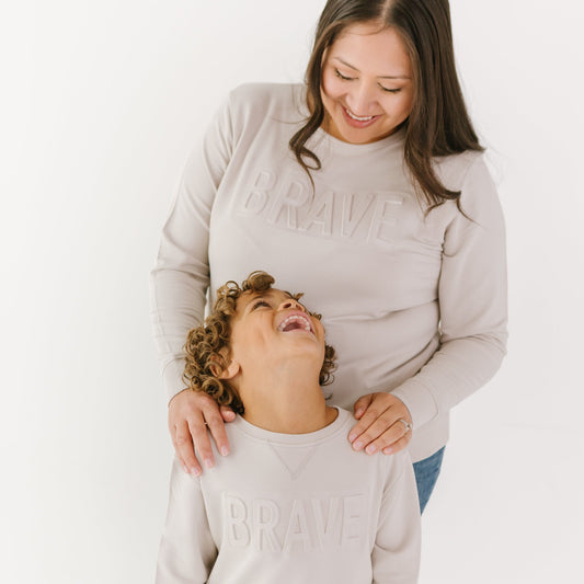 Taupe With Embossed Brave Mommy & Me Matching Pullover Set