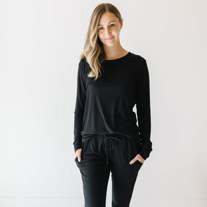 Jet Black Small Ribbed Women's Long Sleeve Top