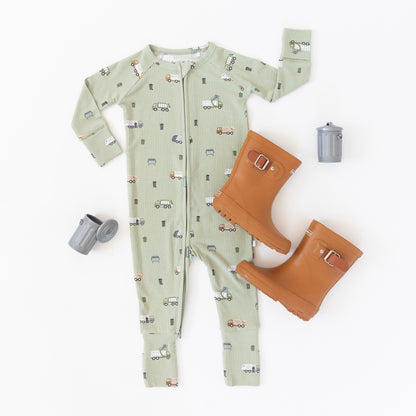 Trash Trucks Small Ribbed Zip Romper