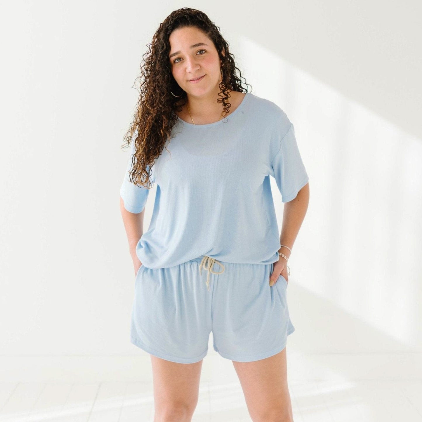 Coastal Blue Small Ribbed Women's Shorts Set