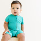 Teal Small Ribbed Summer Zip Romper