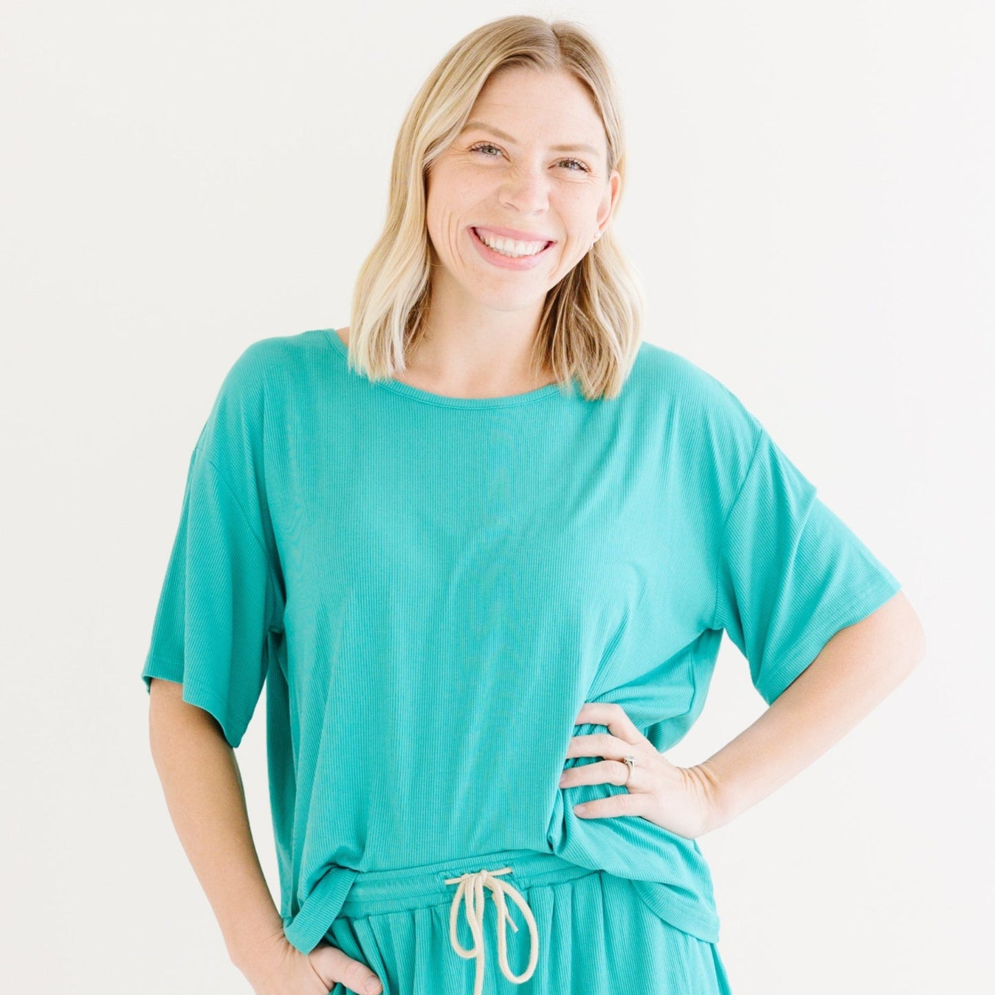 Teal Small Ribbed Women's Short Sleeve Top