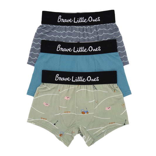 On The Farm, Waves and Poolside Blue Small Ribbed Boxer Brief 3 pack