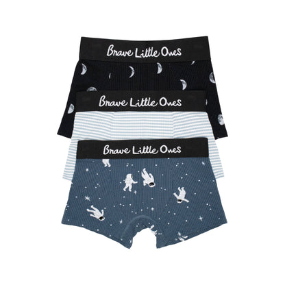 Moon Phases, Astronauts and Blue Small Stripe Boxer Brief 3 Pack