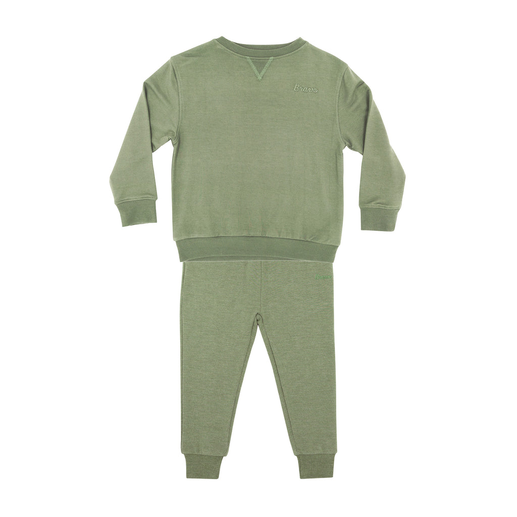 Heather Sage with Brave Embroidered Bamboo French Terry Pullover & Jogger Set