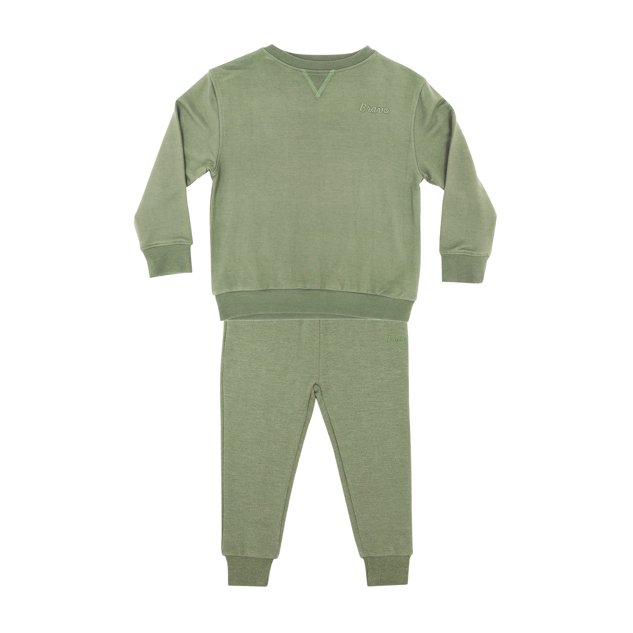 Heather Sage with Brave Embroidered Bamboo French Terry Pullover & Jogger Set