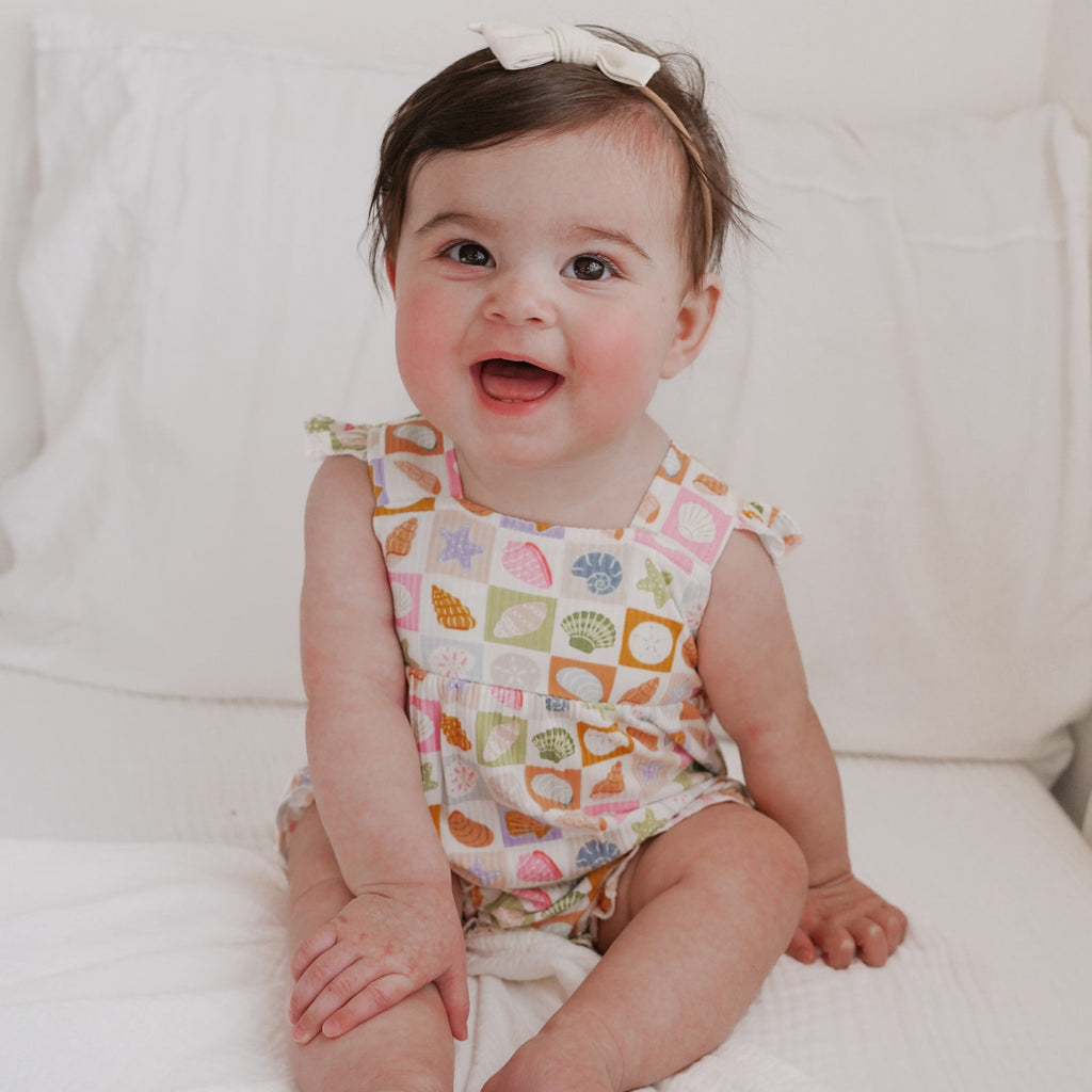 Checkered Seashells Small Ribbed Flutter Sleeve Romper