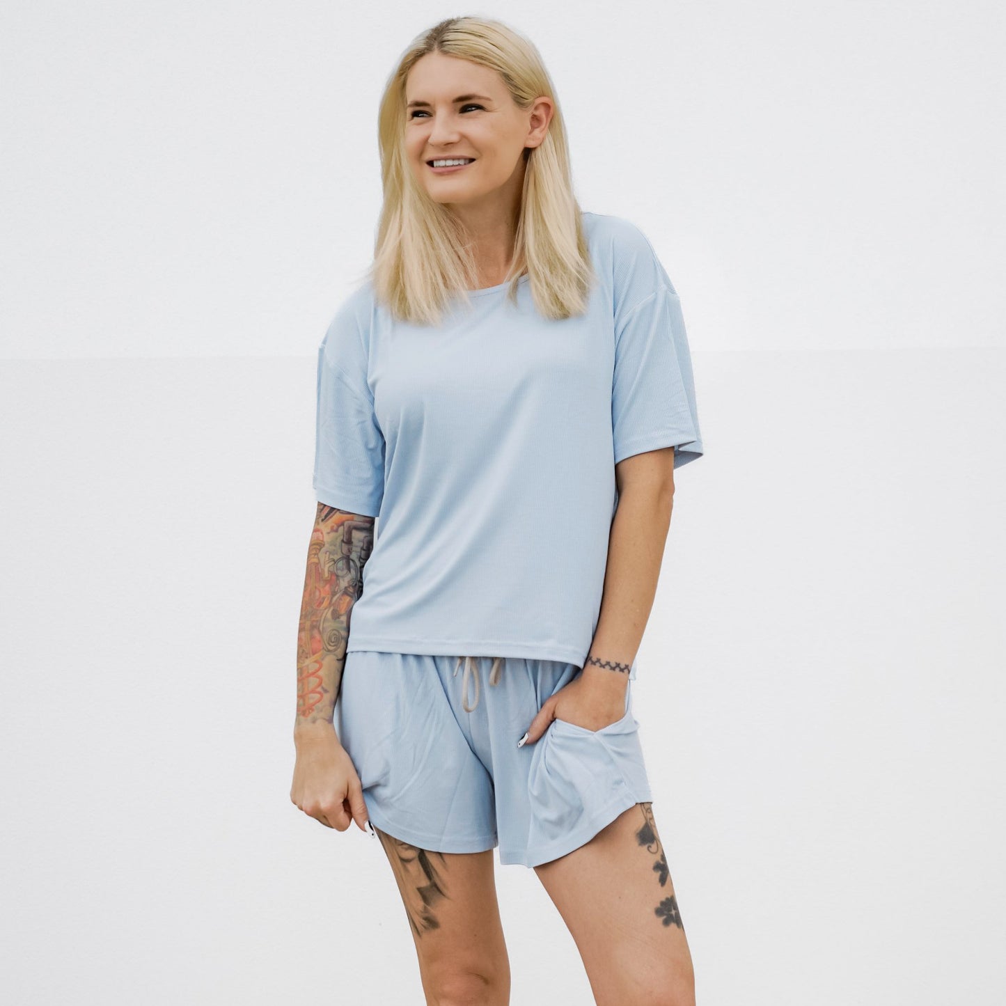 Coastal Blue Small Ribbed Women's Shorts Set